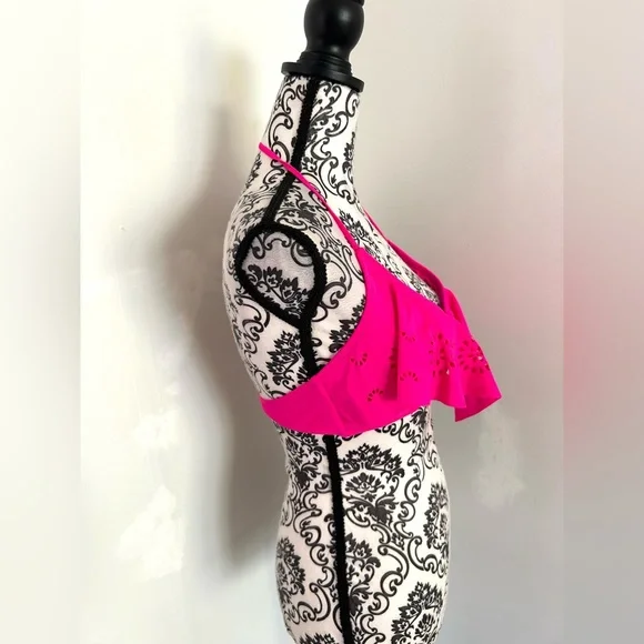 Op Women’s Hot Pink Laser Cut Eyelet Ruffle Halter Neck Bikini Top L - Picture 4 of 8